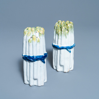 A pair of polychrome Brussels faience asparagus-shaped casters, 18th C.